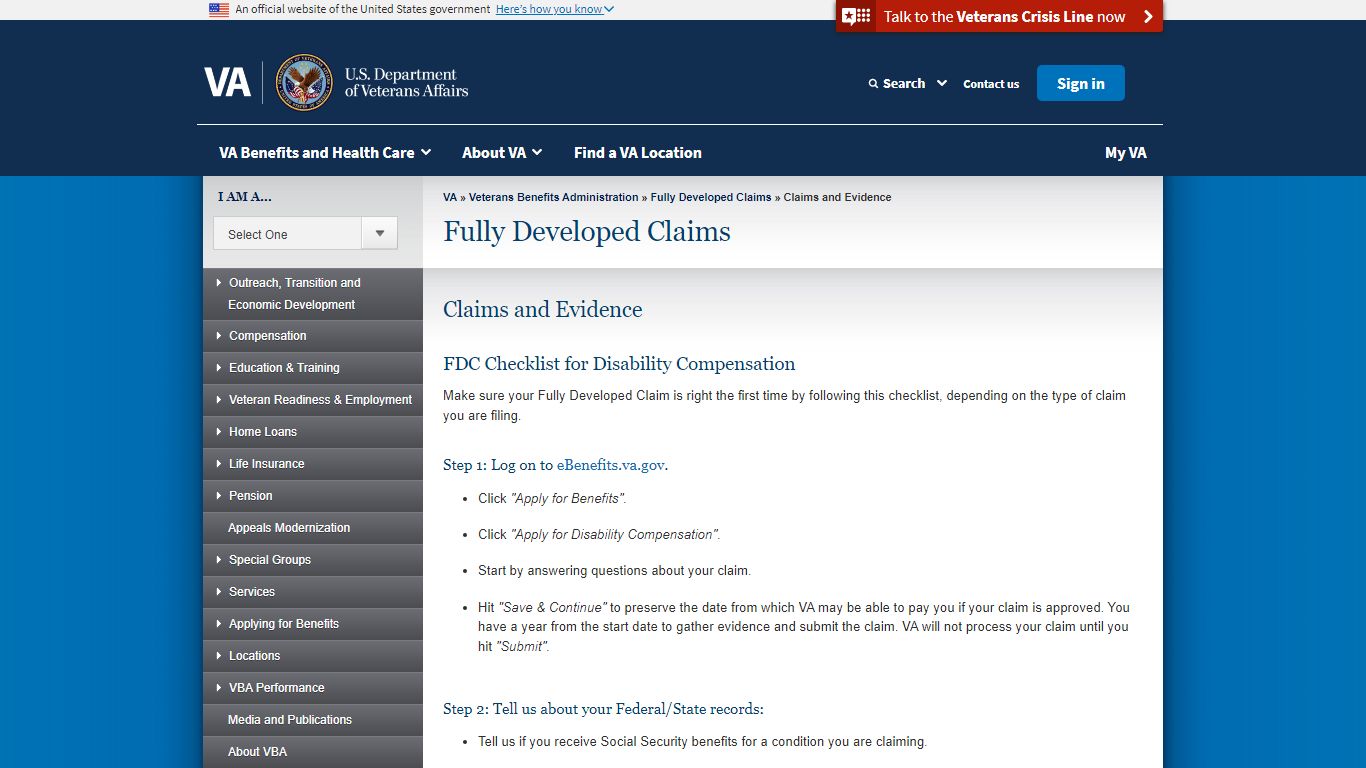 Claims and Evidence - Fully Developed Claims - Veterans Affairs